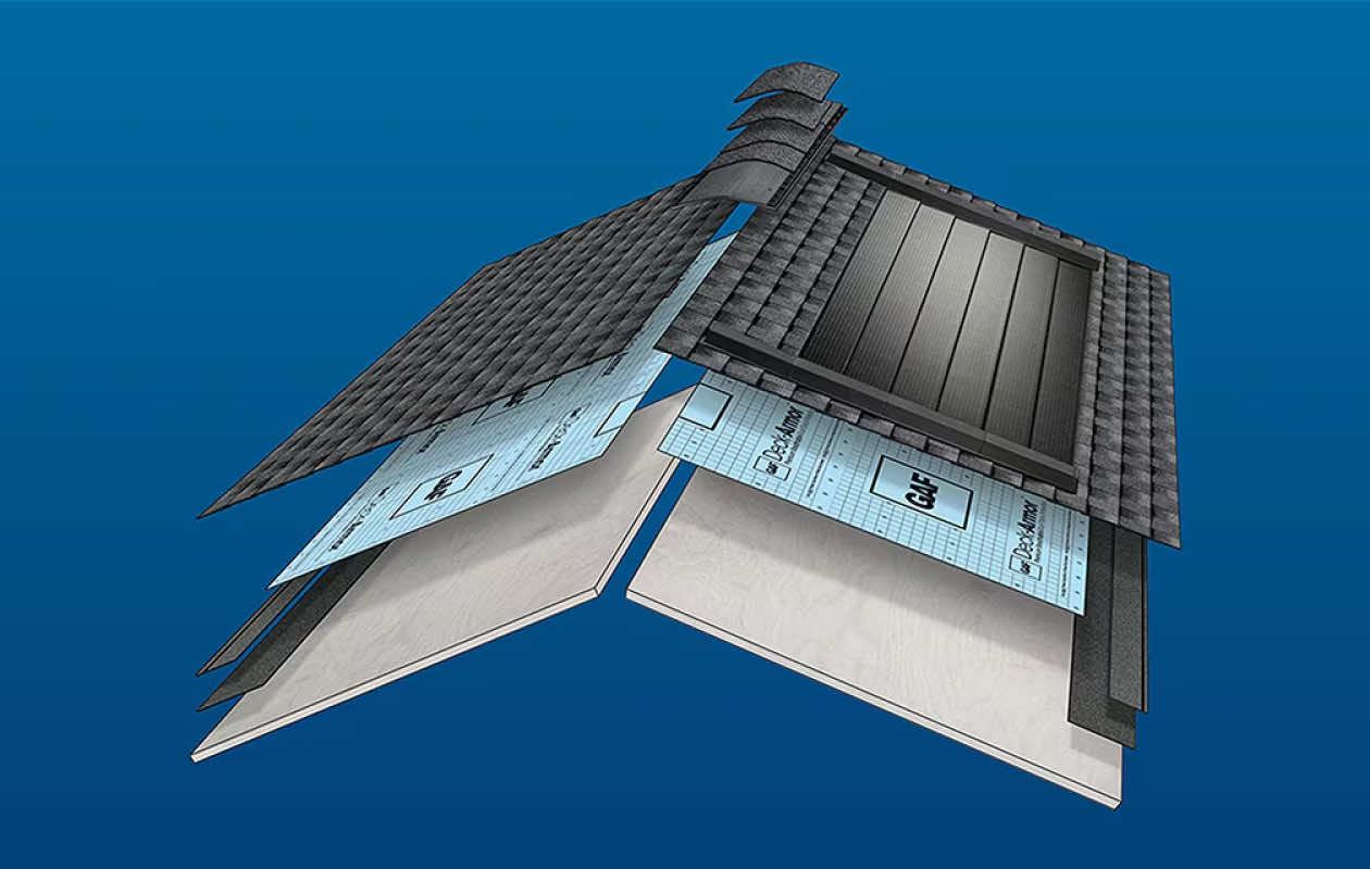 Diagram of GAF solar shingles showing layers of materials and installation instructions