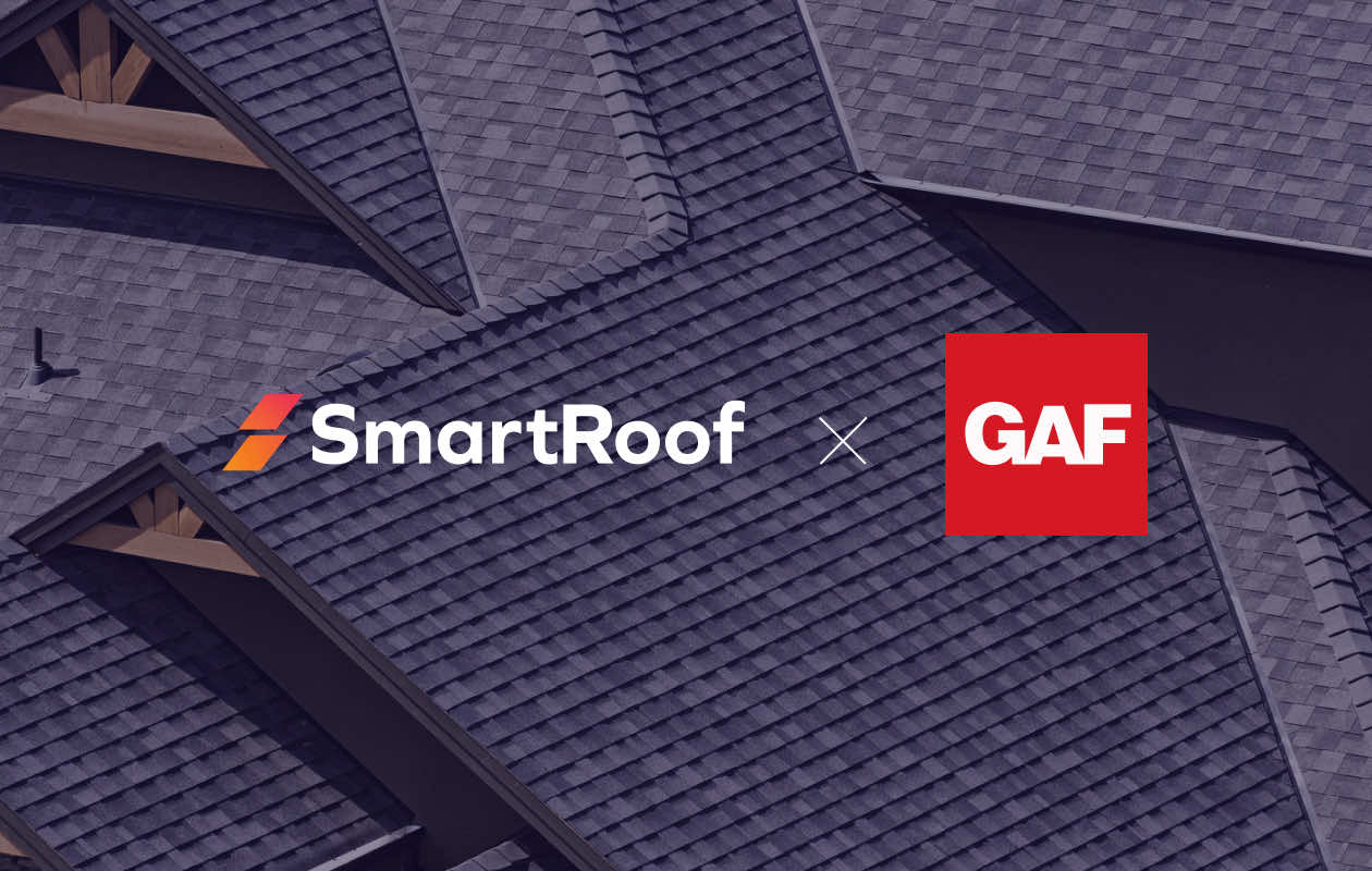 Aerial view of roofing shingles featuring SmartRoof and GAF logos