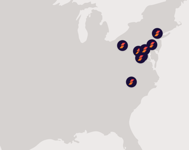 Map showing the locations of SmartRoof offices in the Mid-Atlantic region.
